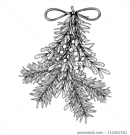 Christmas spruce and mistletoe branches bouquet tied with decorative rope monochrome vector illustration. Winter evergreen plants etching drawing for holiday greeting cards, seasonal decor Christmas spruce and mistletoe branches bouquet tied with decorative rope monochrome vector illustration. Winter evergreen plants etching drawing for holiday greeting cards, seasonal decor 131002582