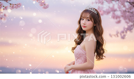 一幅精美的畫像,描繪了一位身穿櫻花裙、頭戴皇冠的女子 一幅精美的畫像,描繪了一位身穿櫻花裙、頭戴皇冠的女子 131002606