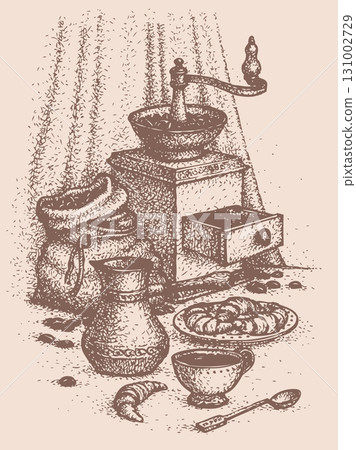 Vector still life. Cup of  coffee with croissants 131002729