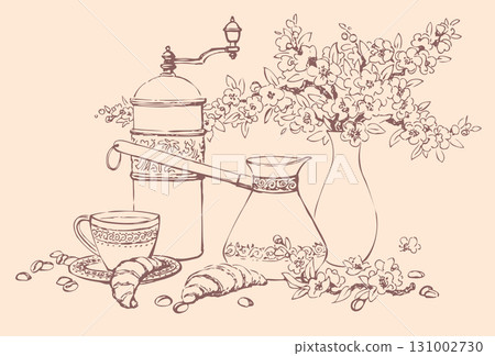 Vector still life. Coffee accessories, croissants and flowers in a vase Vector still life. Coffee accessories, croissants and flowers in a vase 131002730