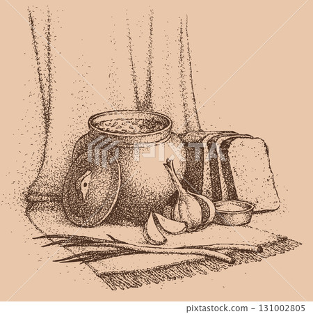 Vector still life. National Slavic food: cereal in a  pot, bread, leeks, garlic 131002805