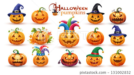 Halloween pumpkins set vector design. Halloween orange pumpkin with funny faces for holiday season spooky trick or treat collection isolated on white background, seasonal scary Halloween pumpkins set vector design. Halloween orange pumpkin with funny faces for holiday season spooky trick or treat collection isolated on white background, seasonal scary 131002832
