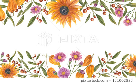 Autumn floral watercolor horizontal frame on isolated background. Physalis, cotoneaster, aster and rudbeckia flowers rectangle border with copy space for text. For seasonal invitation, greeting card Autumn floral watercolor horizontal frame on isolated background. Physalis, cotoneaster, aster and rudbeckia flowers rectangle border with copy space for text. For seasonal invitation, greeting card 131002883