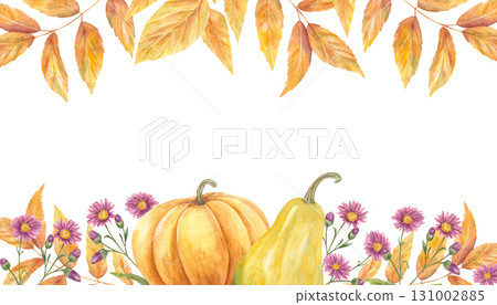 Watercolor horizontal frame of pumpkins, aster flowers, and autumn leaves on isolated background. Decorative vegetables with chrysanthemum, walnut branches border for fall invitation, greeting card 131002885