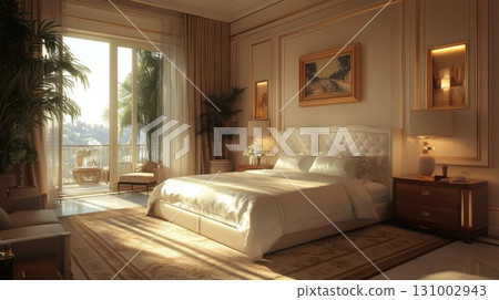 3D rendering of a hotel bedroom interior in a classic style. 131002943
