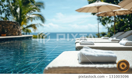 Swimming pool in luxury hotel resort with view on sea and beach. Swimming pool in luxury hotel resort with view on sea and beach. 131003096