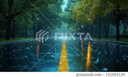 Rainy road in the park at night. Rainy day. Rainy road in the park at night. Rainy day. 131003134