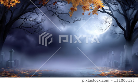 Eerie Graveyard Scene with Full Moon, Bare Trees, and Autumn Leaves 131003155