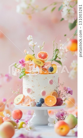 Fruit cake with berries and apricots on a pink background. whimsical cake background. 131003261