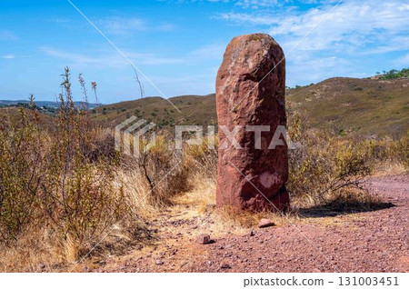 Megalithic menhir dos Gregorios standing stone in lush field megalithic monument Algarve Portugal 131003451
