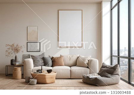 Minimalist Living Room with White Sofa and Large Blank Canvas 131003488