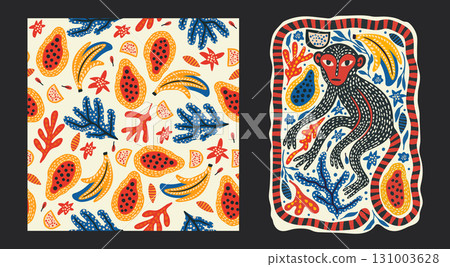 Whimsical Monkey Exotic Vintage Seamless Pattern Background Tropical Jungle Poster Set Boho Vector Collection Whimsical Monkey Exotic Vintage Seamless Pattern Background Tropical Jungle Poster Set Boho Vector Collection 131003628