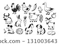 Doodle Sketch Farm Animal Vegetable Set With Goat, Horse, Pig, Chicken and Carrot, Garlic, Cabbage 131003643