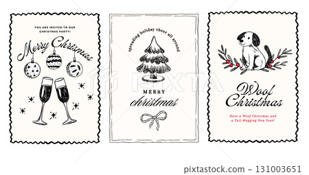 Doodle Sketch Christmas Greeting Card Set With Tree, Champagne, Dog And Holiday Ornament Decor Doodle Sketch Christmas Greeting Card Set With Tree, Champagne, Dog And Holiday Ornament Decor 131003651