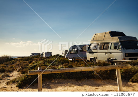 Camper cars on beach, camping on nature Camper cars on beach, camping on nature 131003677