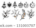 Doodle Sketch Retro Christmas Holiday Floral Set Vector With Ornament Ball, Mistletoe, Tree, Bell And Leaves 131003707