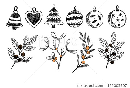 Doodle Sketch Retro Christmas Holiday Floral Set Vector With Ornament Ball, Mistletoe, Tree, Bell And Leaves Doodle Sketch Retro Christmas Holiday Floral Set Vector With Ornament Ball, Mistletoe, Tree, Bell And Leaves 131003707