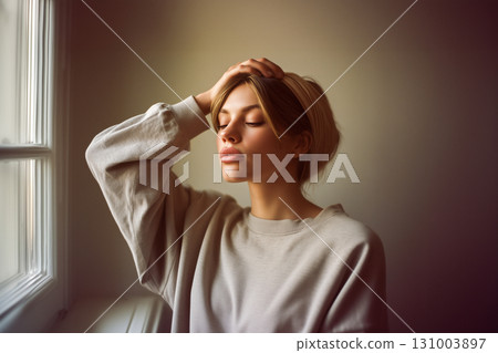 A woman is sitting in front of a window, wearing a gray sweater and a scarf A woman is sitting in front of a window, wearing a gray sweater and a scarf 131003897