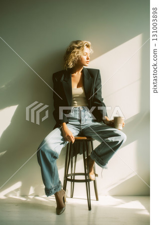 A woman in a black jacket and blue jeans sits on a stool in front of a window A woman in a black jacket and blue jeans sits on a stool in front of a window 131003898