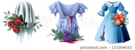 Haunting Halloween dresses with eerie details, including roses, bloodstains, and ghostly fabrics, evoke spooky atmosphere 131004033