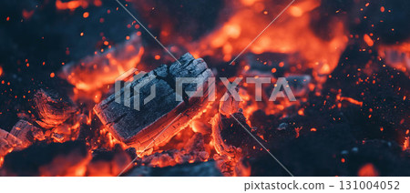 Hot fire embers flicker in darkness, showcasing scattered sparks and glowing ashes in vivid detail. Hot fire embers flicker in darkness, showcasing scattered sparks and glowing ashes in vivid detail. 131004052
