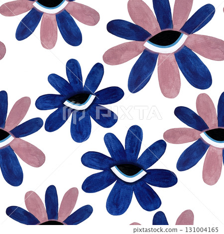 Watercolor blue and pink flower seamless pattern. Stylized flowers with eyes on white background. Watercolor blue and pink flower seamless pattern. Stylized flowers with eyes on white background. 131004165