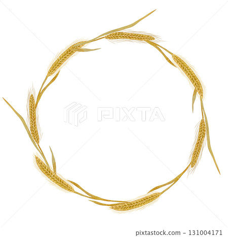 Watercolor golden wheat wreath. Round frame of stylized wheat stalks on white background. Watercolor golden wheat wreath. Round frame of stylized wheat stalks on white background. 131004171