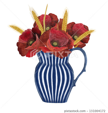 Watercolor poppy wheat bouquet in striped vase. Red poppies golden wheat in blue white vase, isolated on white. 131004172