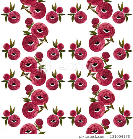 Watercolor pink peony with eye seamless pattern. Stylized peony flowers leaves on white background. 131004178