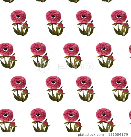 Watercolor pink peony with eye seamless pattern. Stylized peony flowers leaves on white background. 131004179