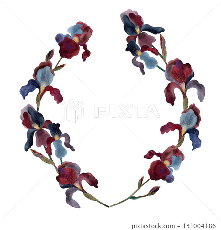 Watercolor burgundy and blue iris wreath. Round frame of stylized iris flowers on white background. 131004186
