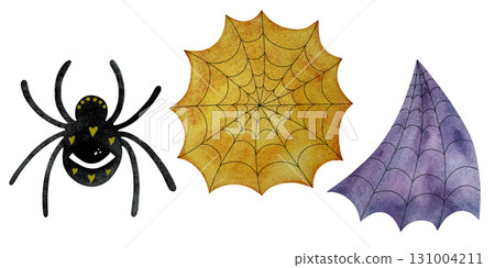 Watercolor spooky spider scene. Black spider with eye, orange round web, purple narrow web isolated on white. 131004211