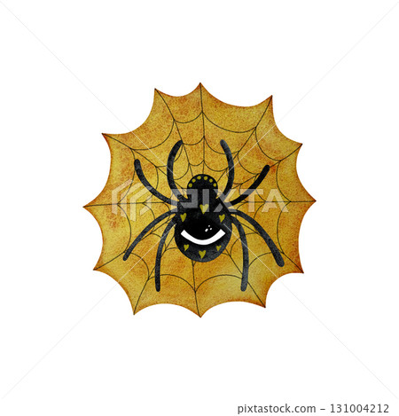 Watercolor spider on web. Black spider with eye on orange web isolated on white. 131004212