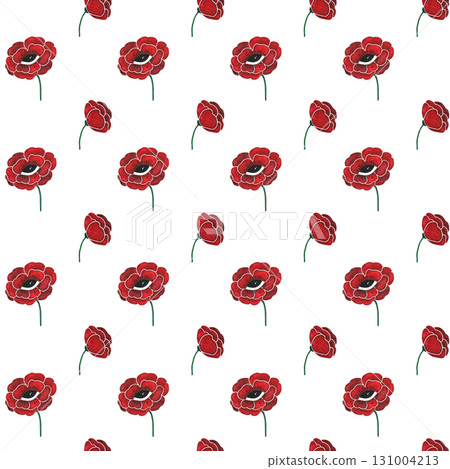 Watercolor red poppy with eye seamless pattern. Stylized poppy flowers on white background. Watercolor red poppy with eye seamless pattern. Stylized poppy flowers on white background. 131004213