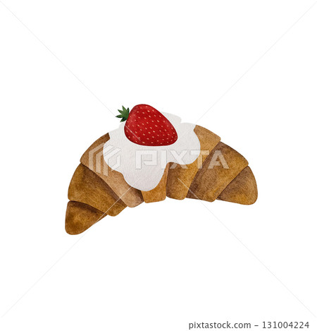 Watercolor croissant with whipped cream and strawberries. Pastry isolated on white background. 131004224