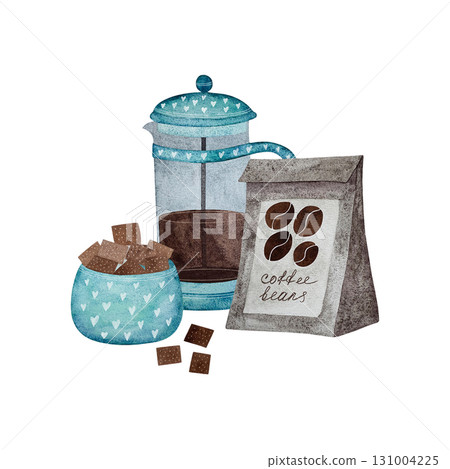Watercolor coffee set. French press, coffee beans sugar bowl with brown sugar on white background. Watercolor coffee set. French press, coffee beans sugar bowl with brown sugar on white background. 131004225