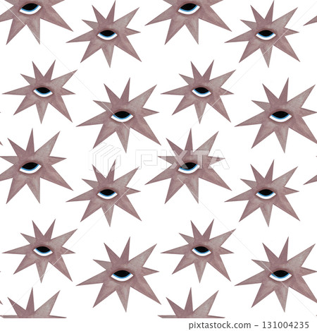 Watercolor pink star with eye seamless pattern. Asymmetrical pale pink stars with eyes on white background. Watercolor pink star with eye seamless pattern. Asymmetrical pale pink stars with eyes on white background. 131004235