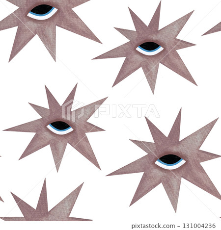 Watercolor pink star with eye seamless pattern. Asymmetrical pale pink stars with eyes on white background. Watercolor pink star with eye seamless pattern. Asymmetrical pale pink stars with eyes on white background. 131004236