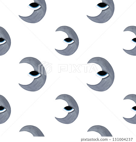 Watercolor moon with eye seamless pattern. Gray crescent moons with eyes on white background. 131004237
