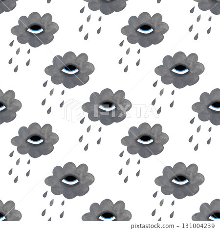 Watercolor cloud with eye seamless pattern. Gray clouds with eyes and raindrops on white background. 131004239