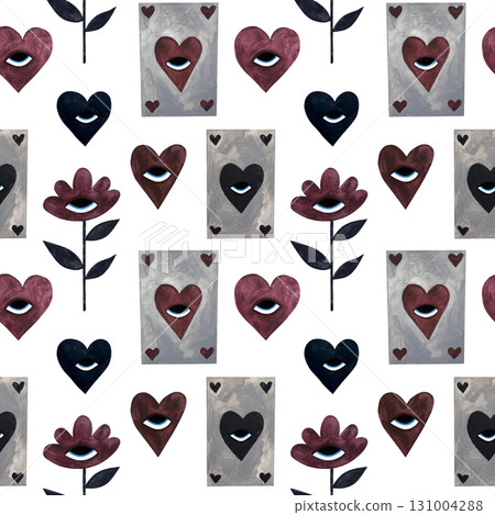 Watercolor gothic cards seamless pattern. Playing cards, flowers, hearts with eyes in burgundy gray on white. 131004288
