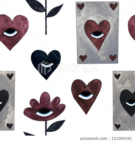 Watercolor gothic cards seamless pattern. Playing cards, flowers, hearts with eyes in burgundy gray on white. 131004292