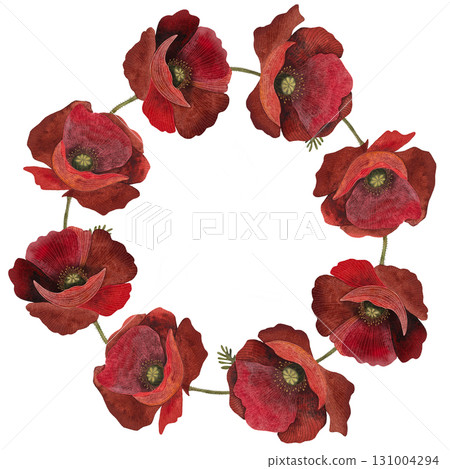 Watercolor red poppy wreath. Round frame of stylized poppy flowers on white background. Watercolor red poppy wreath. Round frame of stylized poppy flowers on white background. 131004294