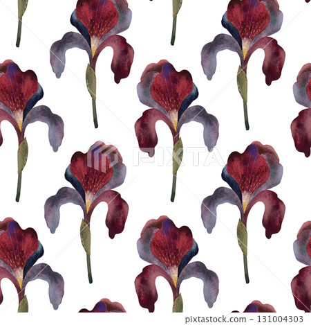 Watercolor burgundy and blue iris seamless pattern. Stylized iris flowers on white background. Watercolor burgundy and blue iris seamless pattern. Stylized iris flowers on white background. 131004303