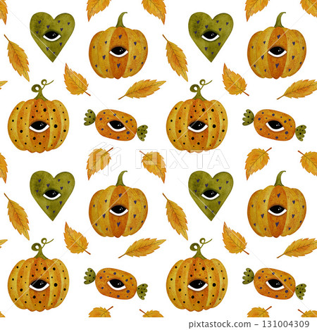 Watercolor Halloween pattern. Pumpkins, green hearts with eyes, yellow leaves on white background. \ Watercolor Halloween pattern. Pumpkins, green hearts with eyes, yellow leaves on white background. \ 131004309