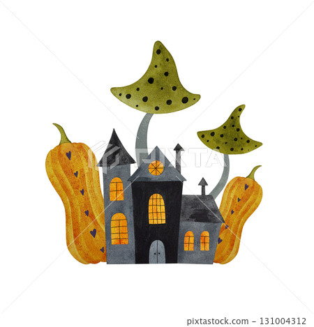 Watercolor haunted house scene. Haunted house with magic mushrooms orange pumpkins isolated on white background. 131004312