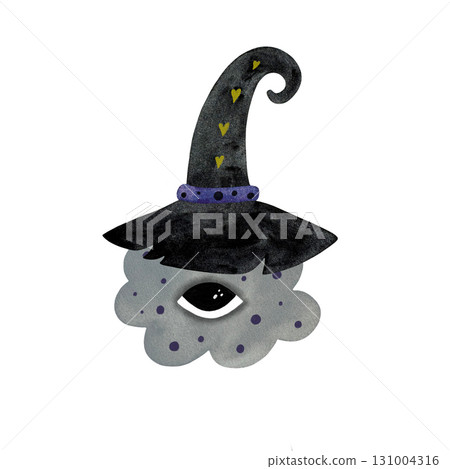 Watercolor monster cloud. Gray cloud with purple spots, eye, black hat isolated on white background. 131004316