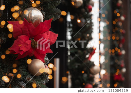 Festive Christmas decorated entrance to luxury store with poinsettia and twinkling lights. Close up. Xmas holiday background. Festive Christmas decorated entrance to luxury store with poinsettia and twinkling lights. Close up. Xmas holiday background. 131004319