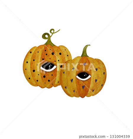 Watercolor stylized Halloween pumpkins. Pumpkins with patterns and eyes isolated on white background. Watercolor stylized Halloween pumpkins. Pumpkins with patterns and eyes isolated on white background. 131004339