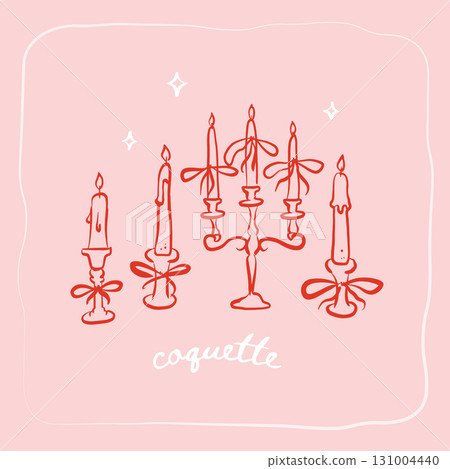 Set of hand drawn vintage elegant coquette candles in candlestick and candelabra with red bows. Vector contour linear illustration in retro sketch parisian style 131004440